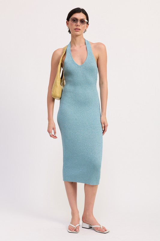 Women's ribbed knit midi dress with halter neck, V-neckline, and bodycon fit for summer.
