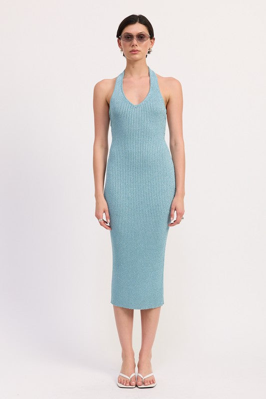 Women's ribbed knit midi dress with halter neck, V-neckline, and bodycon fit for summer.