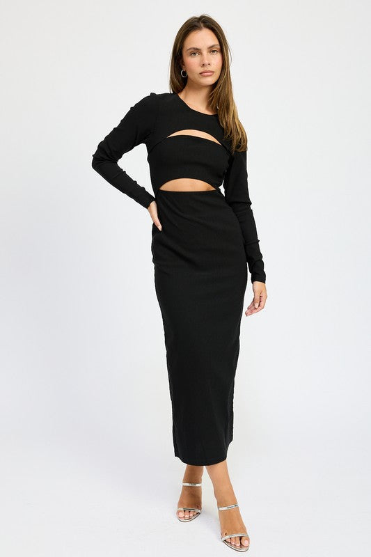 Women's long sleeve midi dress with cut out detail at the bust, fitted style perfect for evenings.