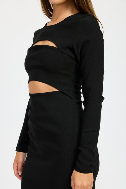 Women's long sleeve midi dress with cut out detail at the bust, fitted style perfect for evenings.