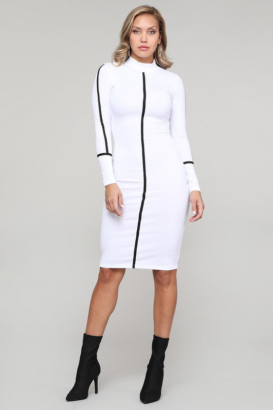 Women's mock neck midi dress with contrast piping detail, long sleeves, and a bodycon fit.