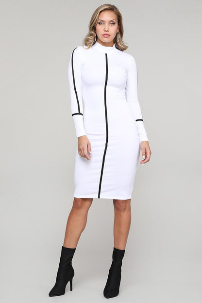 Women's mock neck midi dress with contrast piping detail, long sleeves, and a bodycon fit.