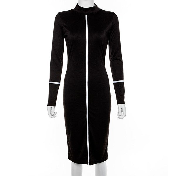 Women's mock neck midi dress with contrast piping detail, long sleeves, and a bodycon fit.