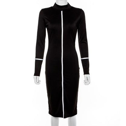Women's mock neck midi dress with contrast piping detail, long sleeves, and a bodycon fit.
