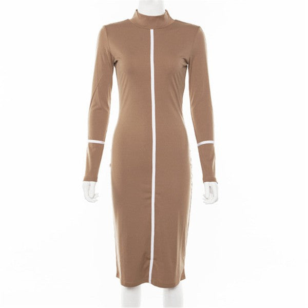 Women's mock neck midi dress with contrast piping detail, long sleeves, and a bodycon fit.
