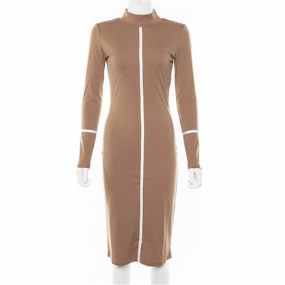 Women's mock neck midi dress with contrast piping detail, long sleeves, and a bodycon fit.