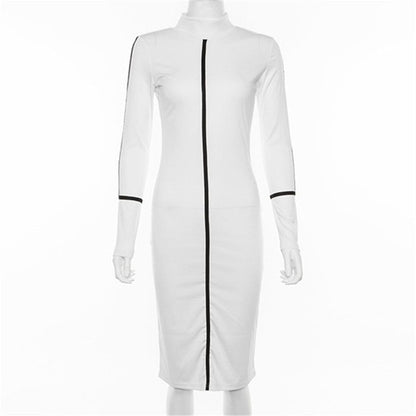 Women's mock neck midi dress with contrast piping detail, long sleeves, and a bodycon fit.
