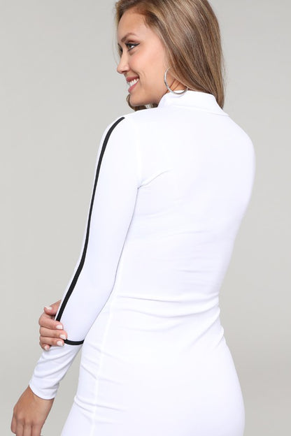 Women's mock neck midi dress with contrast piping detail, long sleeves, and a bodycon fit.
