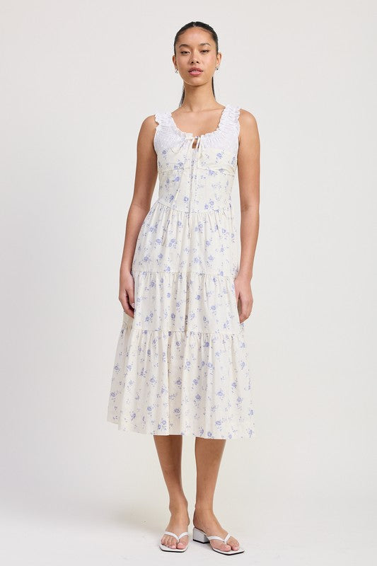 Women's floral print midi dress with lace trim, tiered skirt, and tie-front detail.