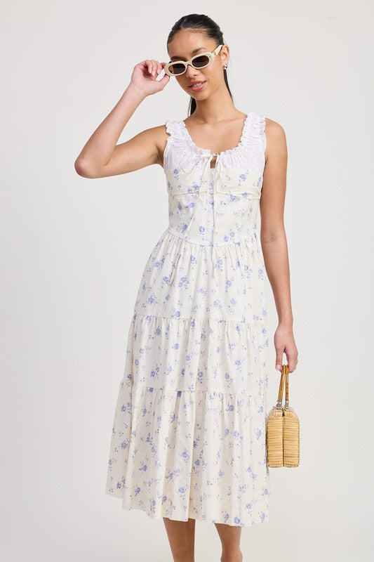 Women's floral print midi dress with lace trim, tiered skirt, and tie-front detail.