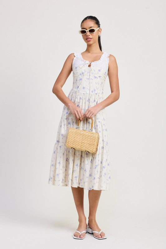 Women's floral print midi dress with lace trim, tiered skirt, and tie-front detail.