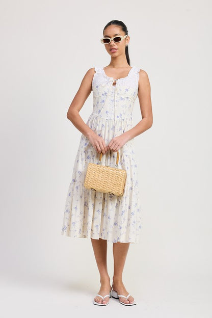 Women's floral print midi dress with lace trim, tiered skirt, and tie-front detail.