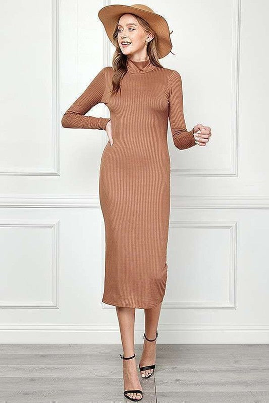 Women's ribbed midi dress with mock neck, long sleeves, and a slim bodycon fit.