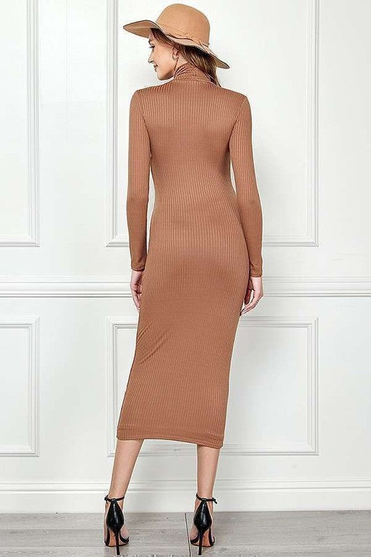 Women's ribbed midi dress with mock neck, long sleeves, and a slim bodycon fit.