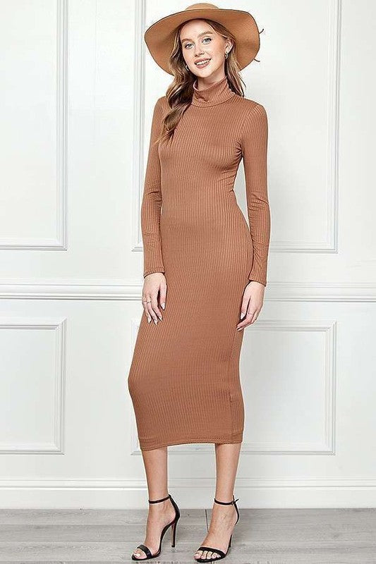Women's ribbed midi dress with mock neck, long sleeves, and a slim bodycon fit.