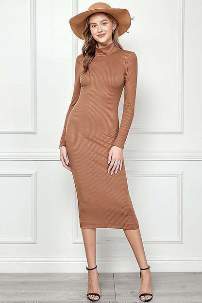 Women's ribbed midi dress with mock neck, long sleeves, and a slim bodycon fit.