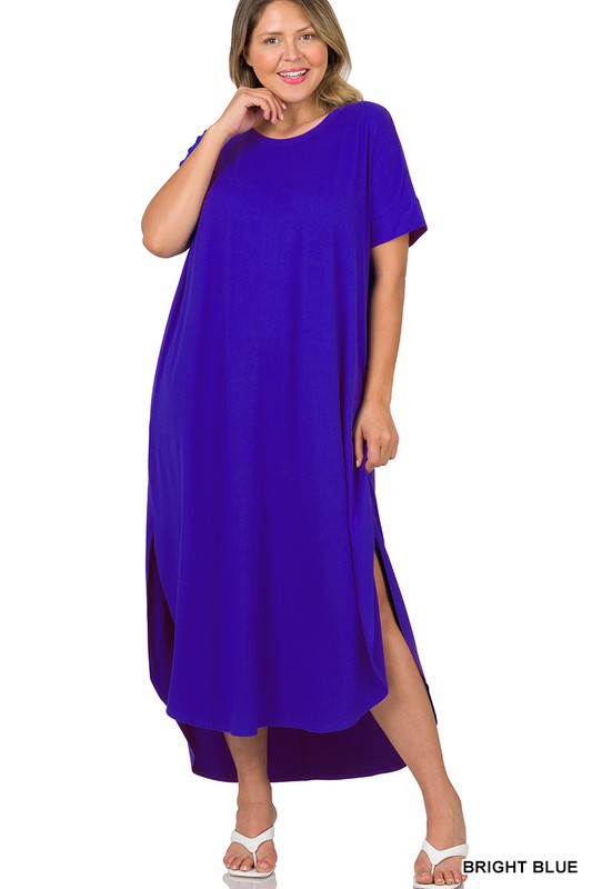A loose, knee- to ankle-length royal blue dress with short sleeves and a side slit.