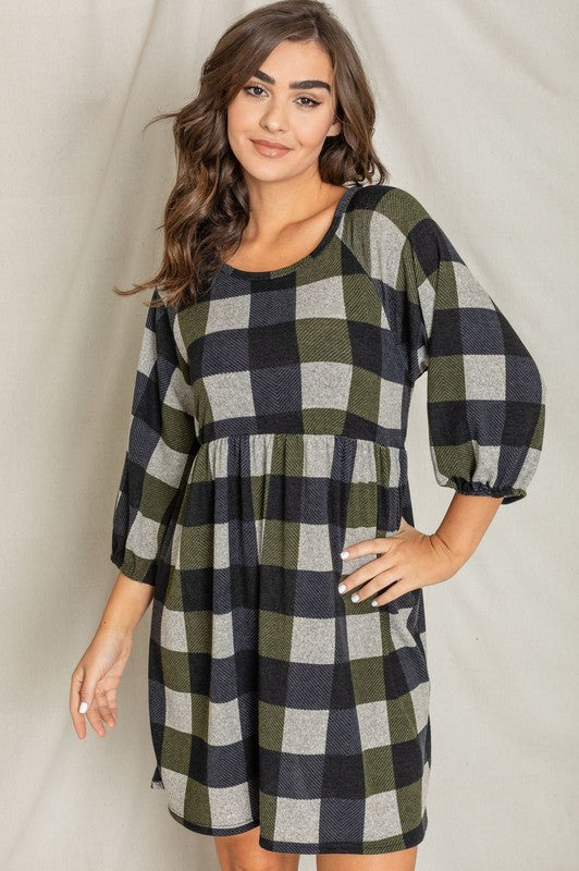 Checkered pattern swing dress, relaxed fit, high round neck, and gathered empire waist.