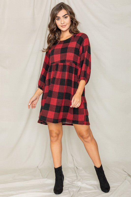Checkered pattern swing dress, relaxed fit, high round neck, and gathered empire waist.