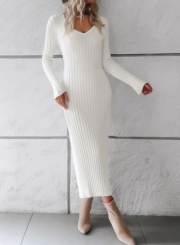 Women's long sleeve ribbed knit midi dress with V-neckline and slim fit.