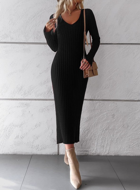 Women's long sleeve ribbed knit midi dress with V-neckline and slim fit.