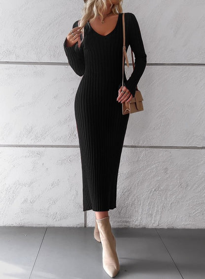 Women's long sleeve ribbed knit midi dress with V-neckline and slim fit.