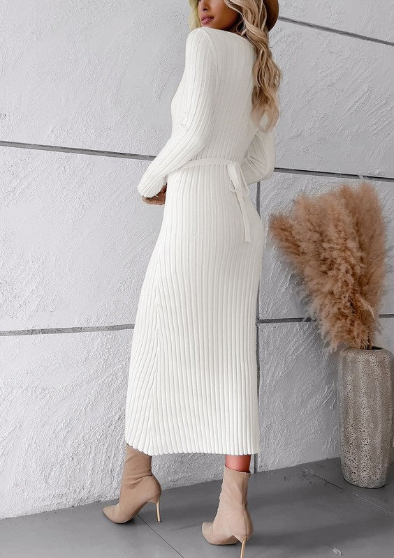 Women's long sleeve ribbed knit midi dress with V-neckline and slim fit.