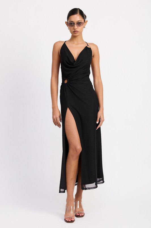Black cowl neck maxi dress with high side slit, gold O-ring detail, and halter neckline.