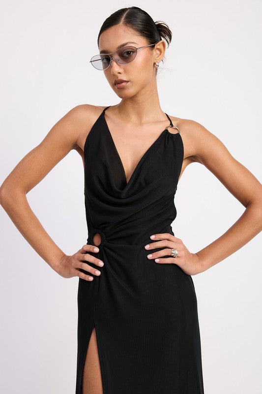 Black cowl neck maxi dress with high side slit, gold O-ring detail, and halter neckline.