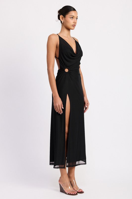 Black cowl neck maxi dress with high side slit, gold O-ring detail, and halter neckline.