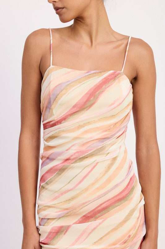 Women's sleeveless fitted midi dress with full-body ruching and a subtle wavy patterned print.