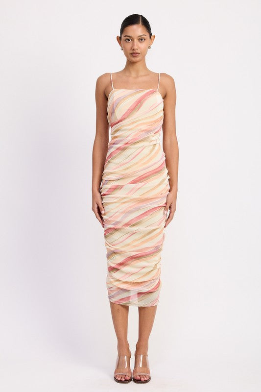 Women's sleeveless fitted midi dress with full-body ruching and a subtle wavy patterned print.