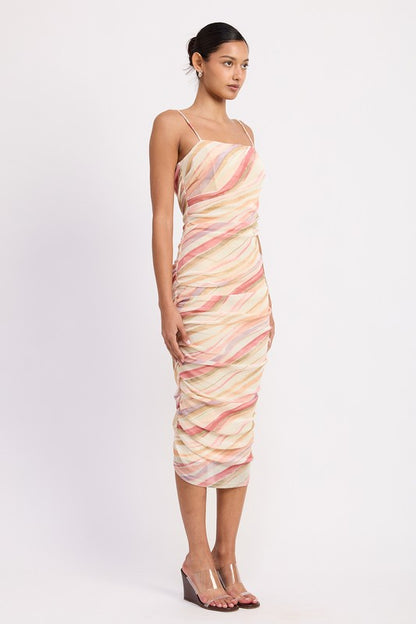 Women's sleeveless fitted midi dress with full-body ruching and a subtle wavy patterned print.