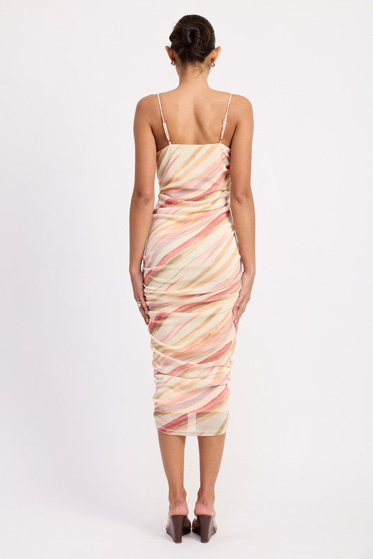 Women's sleeveless fitted midi dress with full-body ruching and a subtle wavy patterned print.
