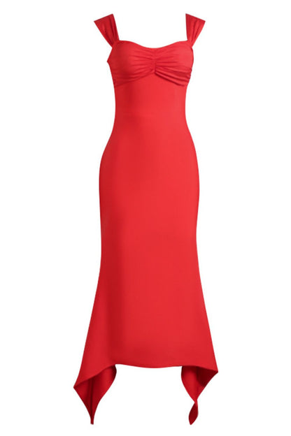 A form-fitting, sleeveless red dress with a sweetheart neckline that hugs the figure and falls to a subtle, asymmetric hemline, creating an elegant and sexy silhouette.