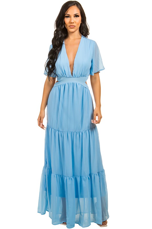 The sexy chiffon maxi dress features a flowing silhouette, delicate sheer fabric, and a flattering, figure-skimming fit that drapes gracefully from neckline to hem for an effortlessly alluring look.