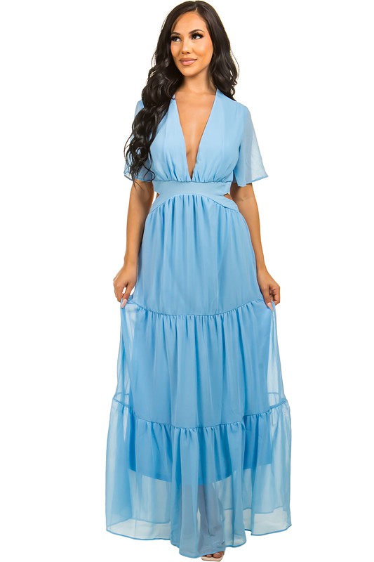 The sexy chiffon maxi dress with flowing silhouette, delicate draping, and subtle sheer panels exudes elegant allure while maintaining effortless, floor-skimming glamour.