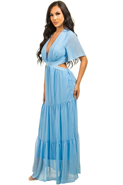 The sexy chiffon maxi dress with flowing silhouette, delicate draping, and subtle sheer panels exudes elegant allure while maintaining effortless, floor-skimming glamour.
