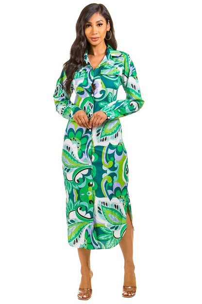 A sexy, shirt-inspired long maxi dress that effortlessly blends sultry charm with laid-back elegance through its tailored button-down bodice, sleek silhouette, and flowing maxi skirt.