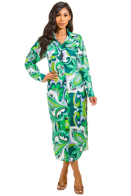 A sexy, shirt-inspired long maxi dress that effortlessly blends sultry charm with laid-back elegance through its tailored button-down bodice, sleek silhouette, and flowing maxi skirt.