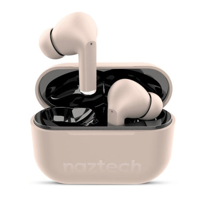 Beige wireless Naztech earbuds with a matching charging case—one earbud upright, the other inside the open case with a black interior, showcasing a sleek and compact design.