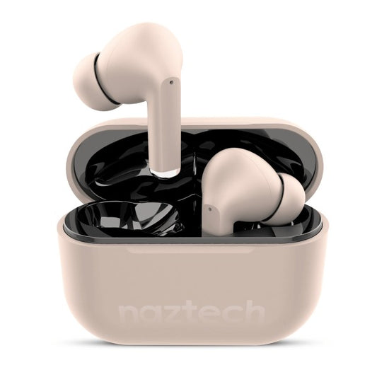 Beige wireless Naztech earbuds with a matching charging case—one earbud upright, the other inside the open case with a black interior, showcasing a sleek and compact design.