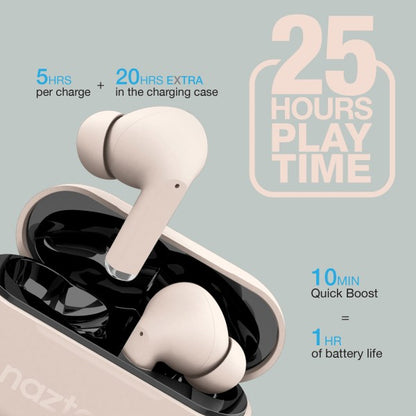 Beige wireless Naztech earbuds with a matching charging case—one earbud upright, the other inside the open case with a black interior, showcasing a sleek and compact design.