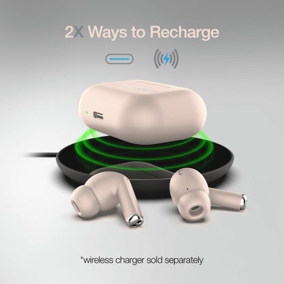  Beige wireless Naztech earbuds with a matching charging case—one earbud upright, the other inside the open case with a black interior, showcasing a sleek and compact design.