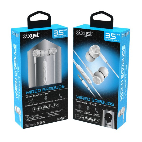 Side angle of Xyst Stereo Earbuds in case