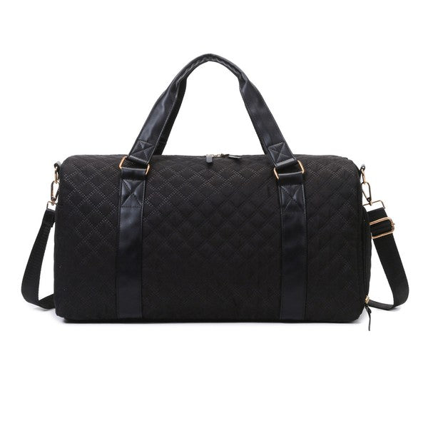 Black quilted duffel bag with a shoulder strap and top handles, ideal for gym or travel.