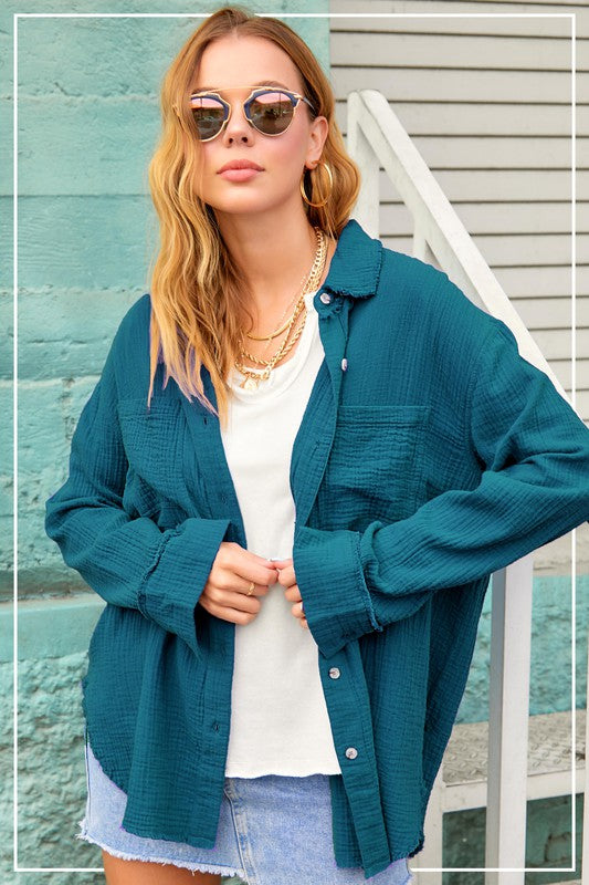 Classic button-down front allows versatility in styling. 
