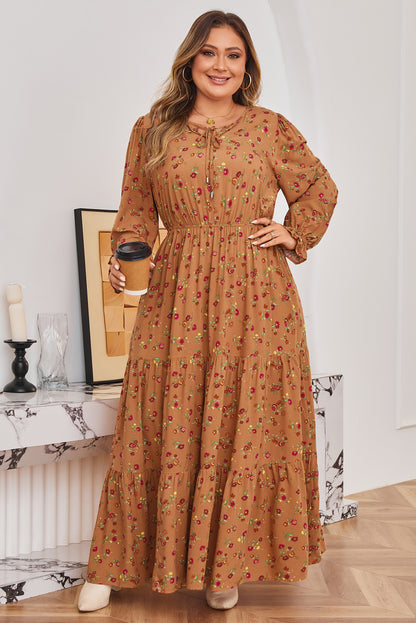 Brown Floral Tiered Maxi Dress with Split V-Neck