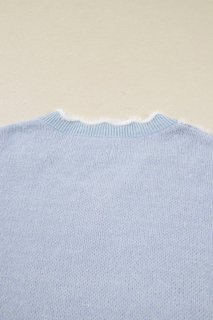 Gray Fuzzy Flower Scalloped V Neck Plus Sweater