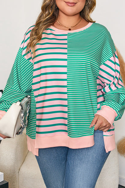 Green Stripe Color Block Exposed Seam Side Slit Plus Size Sweatshirt